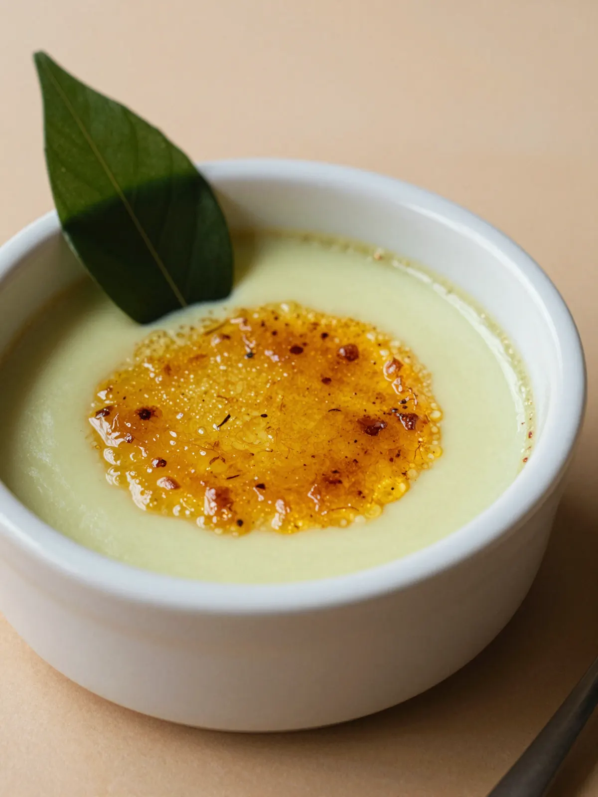 Pandan crème brûlée with a cracked caramel top