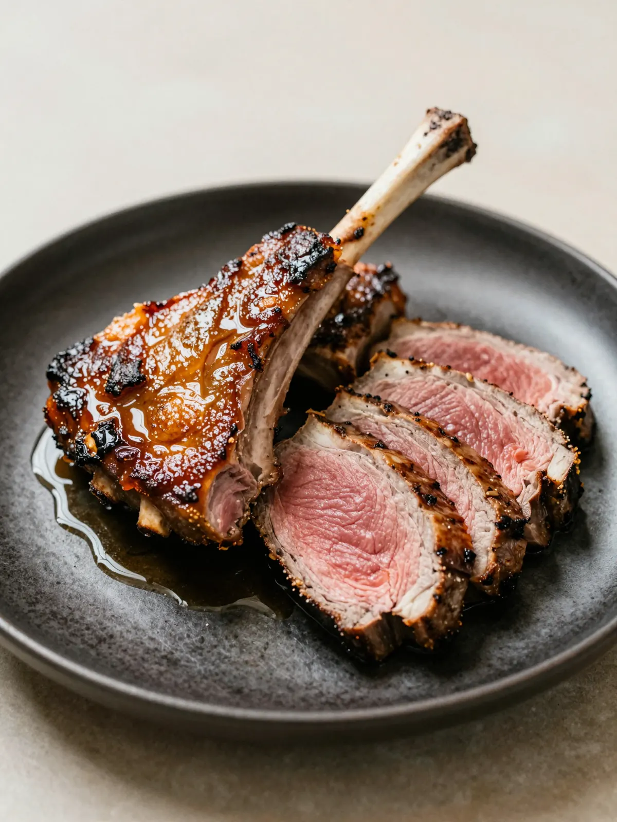 Honey glazed smoked rack of lamb, sliced