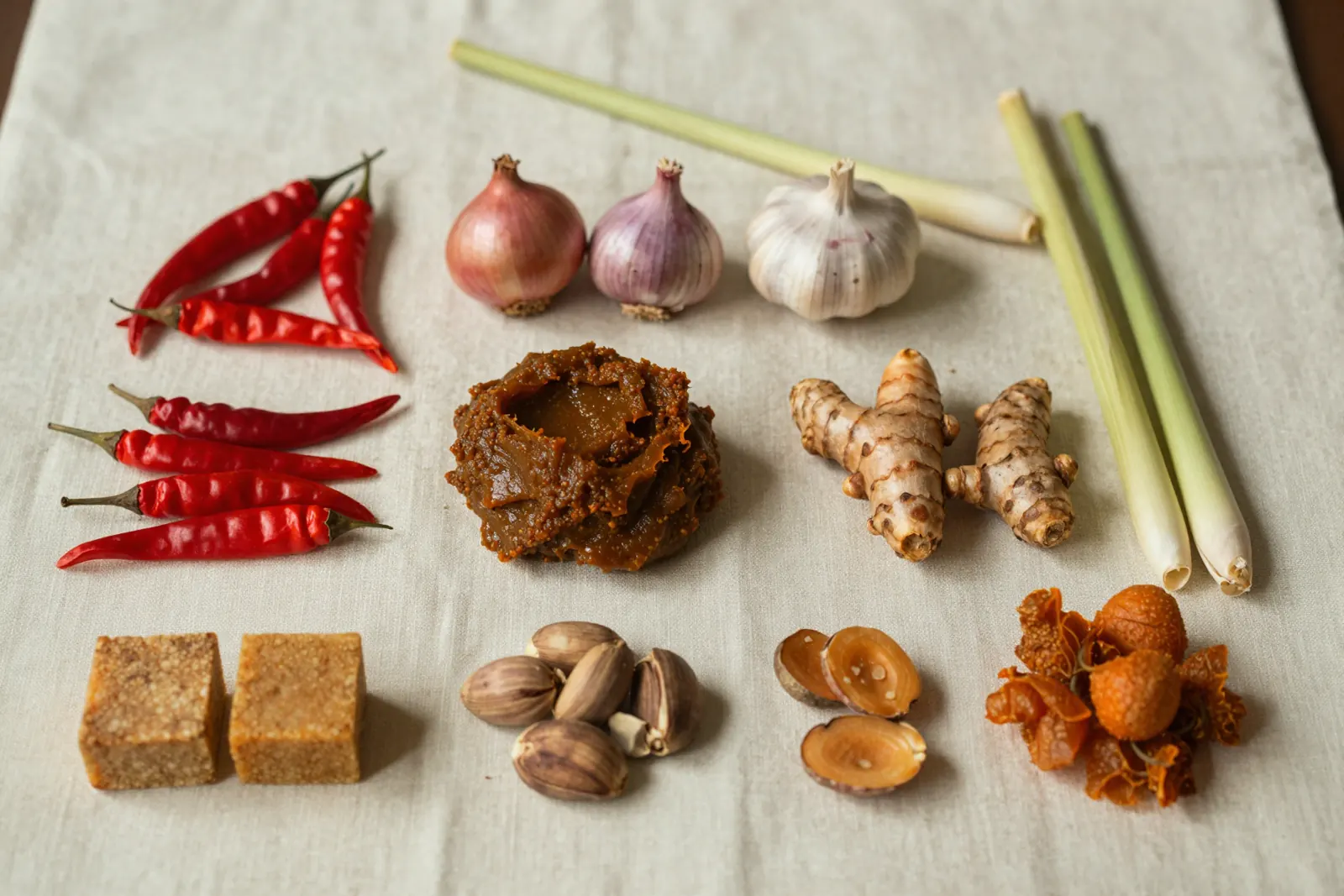 Raw rempah ingredients: chillies, shallots, garlic, galangal, turmeric, lemongrass, candlenuts, belacan