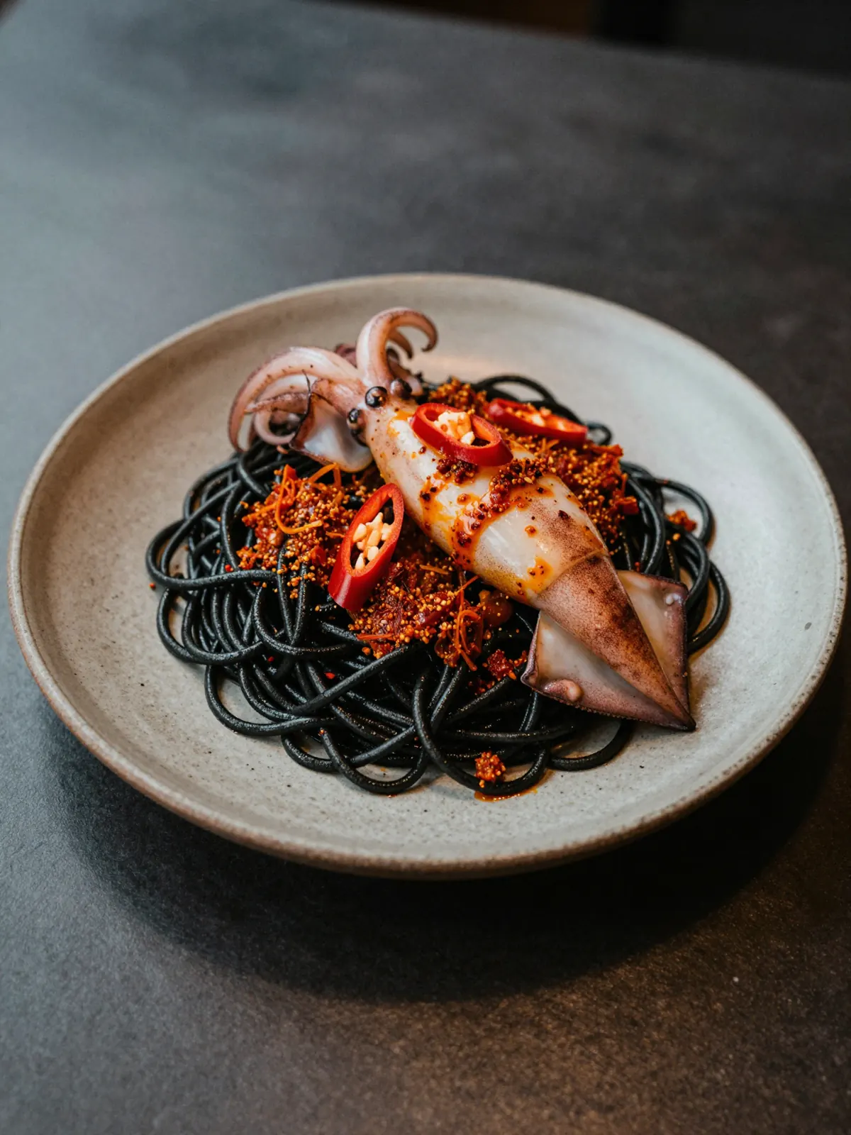 Black squid ink spaghetti in red curry with a whole squid