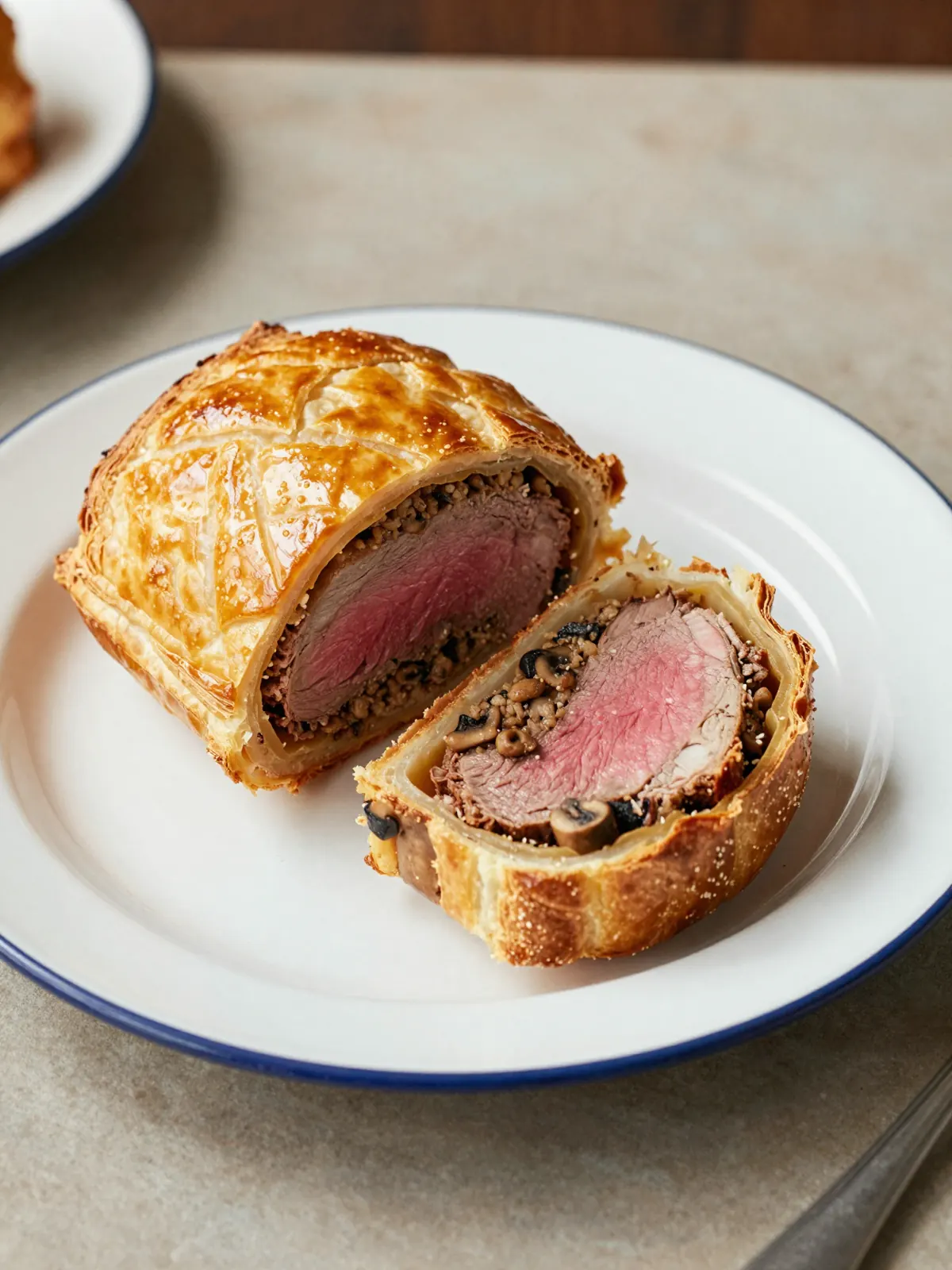 Duck Wellington cut in half showing pastry and duck